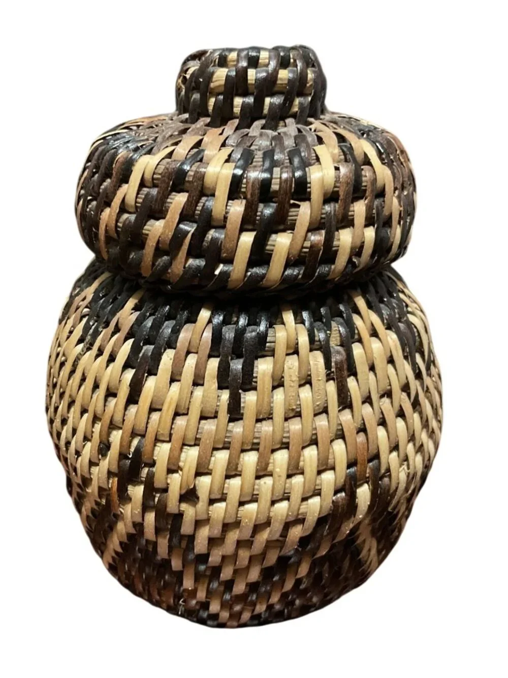 African Zulu Herb Basket with Lid Tribal Design Tan and Brown 4
